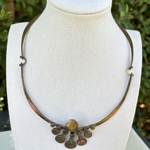 REAR Vintage Richard Lawless Brutalist Brass Spore Necklace Signed 1983